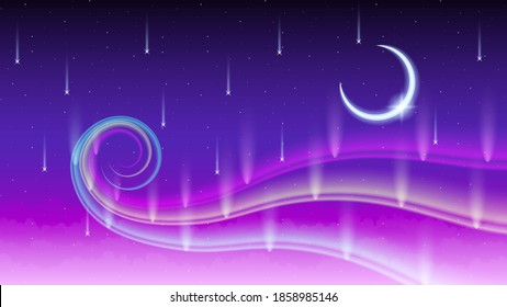 Abstract Sky Northern Lights Glow Gradient Background Vector With Moon Clouds And Stars Vector Design Style