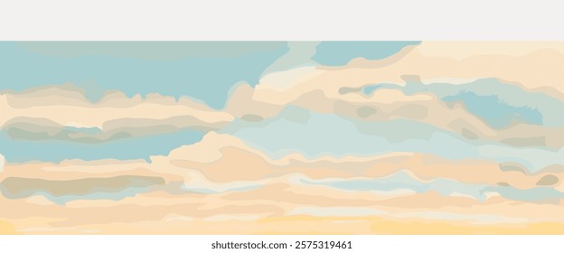 Abstract sky painting with soft clouds. Sky and clouds blend in pastel hues. Dreamy sky, serene clouds, and pastel tones create a calming atmosphere. Vintage art drawing, isolated vector element.