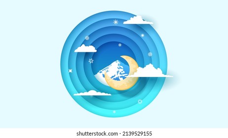 Abstract Sky Paper Cut Blue Background With Moon, Clouds, Mountain And Stars Vector Design Style Nature