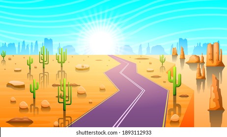 Resumen De La Ruta Del Cielo En El Fondo Desierto Silhouette Con Las Nubes De Las Montañas De Arena Cactus Y El Diseño Del Vector Del Sol Estilo Paisaje Natural