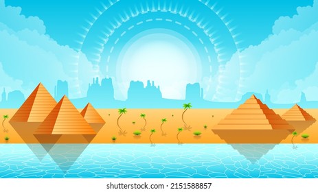 Abstract Sky Road In Desert Background Silhouette With Sand Oasis Water Mountains And Sun Vector Design Style Nature Landscape