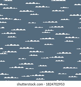 Abstract sky vector seamless pattern. White clouds on dark blue background. Sea stones over marine water texture with cartoon color icons. Cute childish design wrapping paper, wallpaper design