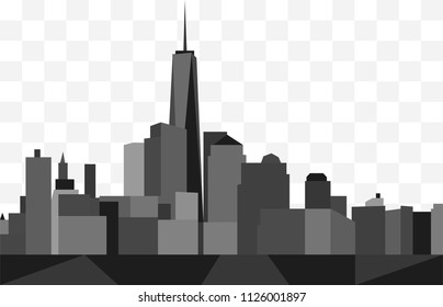 Abstract skyline of Manhattan, New York City. In shades of gray on a transparent background.