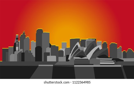 Abstract skyline of Sidney, Australia, in shades of grey. The buildings light up in the orange sunset.