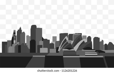 Abstract skyline of Sidney, Australia, in shades of gray on a transparent background.