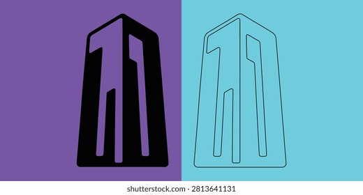 Abstract skyscraper building in solid black and thin line outline versions on purple and light blue backgrounds