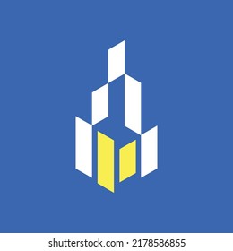 Abstraktes Wolkenkratzer-Logo einzeln auf blauem Hintergrund. Logo für Bauwesen, Immobilien, Wohnungen, Gebäude und Unternehmen.