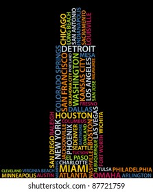 Abstract skyscraper made from color names of big cities