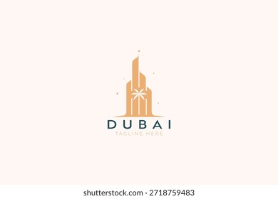 Rascacielos Abstractas con el logotipo de la palmera Silueta Torre Signo de negocios Símbolo Dubai Travel Hotel Apartment Building