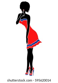 Abstract slender lady in short red dress with a blue stripe and in respective shoes with high heels gesticulate with her finger at lips, hand drawn vector stencil illustration