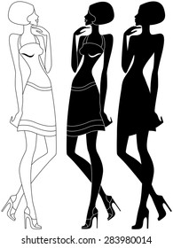Abstract slender model in shoes with high heels, vector artwork in three various embodiments