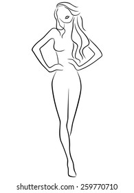 Abstract slender posing girl hand drawing vector outline