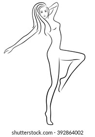 Abstract slender woman standing on one leg during fitness exercising, hand drawing vector outline