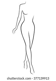 Abstract slender woman stepping by assured gait, hand drawing vector outline