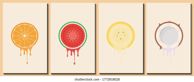 Abstract Slice Fresh Fruit Poster, Decoration Concept. Orange, Watermelon, Banana, Coconut Vector.