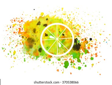 Abstract slice of orange and splashes of watercolor on white background, vector  illustration