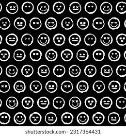 Abstract sloppy seamless pattern with cells of Emoji different facial expressions and moods. Ornament for printing on fabric, cover and packaging. Simple minimalistic vector on white background