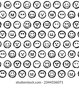 Abstract sloppy seamless pattern with cells of Emoji different facial expressions and moods. Ornament for printing on fabric, cover and packaging. Simple minimalistic vector on white background