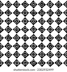 Abstract sloppy seamless pattern with light and dark chess cells and Emoji different facial expressions and moods. Ornament for printing on fabric, cover and packaging. Simple minimalistic vector