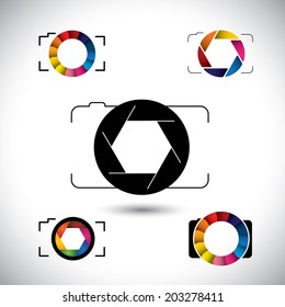 abstract slr camera concept vector icons. This graphic illustration represents camera with big lens, aperture with blades, camera shutter