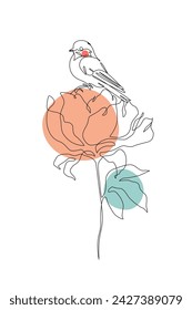 Abstract small bird perched on blooming peony flower. Bird on a flower continuous one line drawing. Botanical blossom and perching sparrow. Spring concept line art. Hand drawn vector illustration.