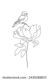 Pájaro pequeño abstracto encaramado en flor de peonía floreciente. Pájaro en una flor de dibujo continuo de una línea. Flor botánica y gorrión posado. Arte de línea de concepto de primavera. ilustración vectorial dibujada a mano.