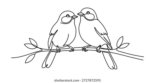 Abstract small bird perched on branch. Bird on branch continuous one line drawing. Spring season concept line art in doodle style. Sketch. Editable stroke