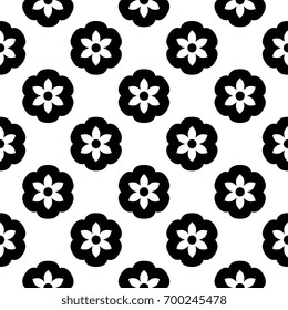 Abstract small black flowers seamless pattern geometric floral motif white background. Vintage ornamental design decorative ornament continuous background. High resolution image, digital illustration.