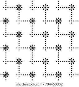 Abstract small black flowers seamless pattern geometric floral motif white background. Vintage ornamental design decorative ornament continuous background. High resolution image, digital illustration.