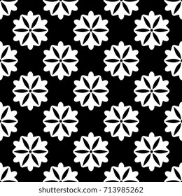 Abstract small black flowers seamless pattern white tiles floral motif black background. Vintage oriental design decorative ornament continuous background. High resolution image, digital illustration.