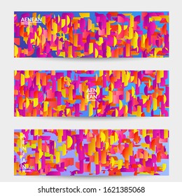 Abstract small bright particles moving on gradient. Dynamic modern design with glitch gradient lines. Vector design for disco music background. Colorful sound of music visualization.