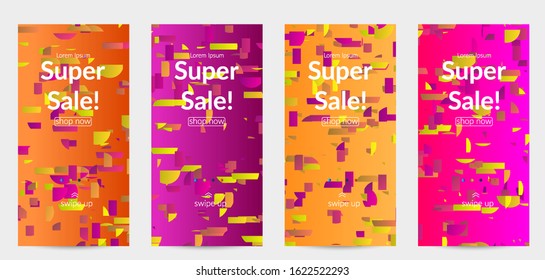 Abstract small bright particles moving on gradient. Dynamic modern design with glitch gradient lines. Vector design for disco music background. Colorful sound of music visualization.