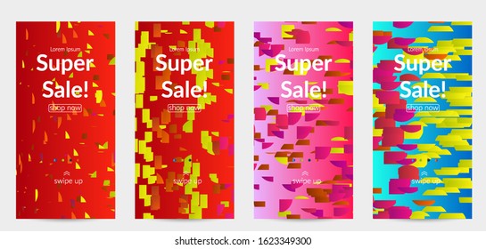 Abstract small bright particles moving on gradient. Dynamic modern design with glitch gradient lines. Vector design for disco music background. Colorful sound of music visualization.