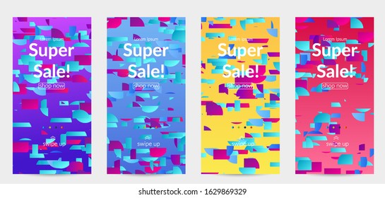 Abstract small bright particles moving on gradient. Dynamic modern design with glitch gradient lines. Vector design for disco music background. Colorful sound of music visualization.