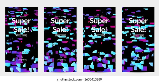 Abstract small bright particles moving on gradient. Dynamic modern design with glitch gradient lines. Vector design for disco music background. Colorful sound of music visualization.