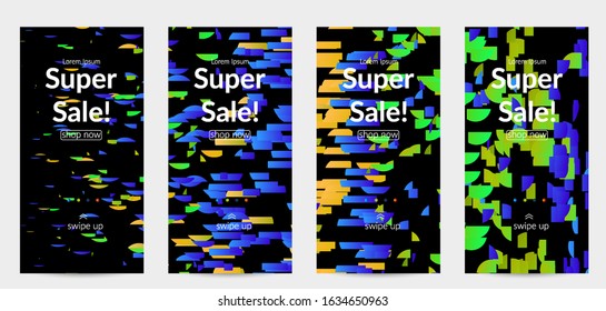 Abstract small bright particles moving on gradient. Dynamic modern design with glitch gradient lines. Vector design for disco music background. Colorful sound of music visualization.