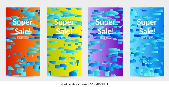 Abstract small bright particles moving on gradient. Dynamic modern design with glitch gradient lines. Vector design for disco music background. Colorful sound of music visualization.