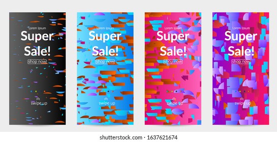 Abstract small bright particles moving on gradient. Dynamic modern design with glitch gradient lines. Vector design for disco music background. Colorful sound of music visualization.