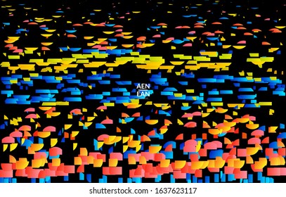 Abstract small bright particles moving on gradient. Dynamic modern design with glitch gradient lines. Vector design for disco music background. Colorful sound of music visualization.
