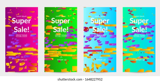 Abstract small bright particles moving on gradient. Dynamic modern design with glitch gradient lines. Vector design for disco music background. Colorful sound of music visualization.