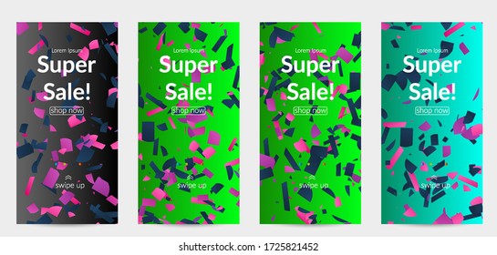 Abstract small bright particles moving on gradient. Dynamic modern design with glitch gradient lines. Vector design for disco music background. Colorful sound of music visualization.