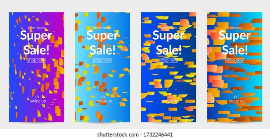 Abstract small bright particles moving on gradient. Dynamic modern design with glitch gradient lines. Vector design for disco music background. Colorful sound of music visualization.