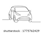 Abstract small car in continuous line art drawing style. Minimalist black linear sketch isolated on white background. Vector illustration