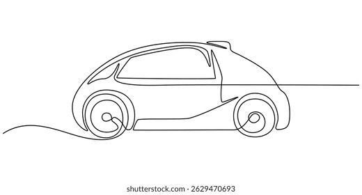 Abstract small car continuous one line drawing style. Minimalist black linear sketch isolated on white background, Continuous line drawing of modern car, Vehicle car auto vector icon. One line outline