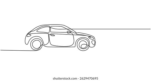 Abstract small car continuous one line drawing style. Minimalist black linear sketch isolated on white background, Continuous line drawing of modern car, Vehicle car auto vector icon. One line outline