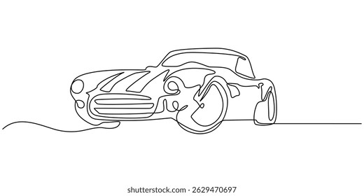 Abstract small car continuous one line drawing style. Minimalist black linear sketch isolated on white background, Continuous line drawing of modern car, Vehicle car auto vector icon. One line outline