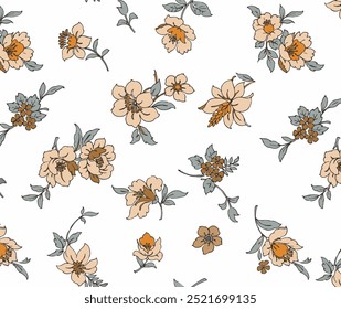 abstract small cute flowers arrangement. seamless small floral pattern isolated on white background. vintage watercolor  flower pattern for wallpaper, textile design, wrapping paper, fabric.