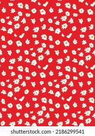 Abstract Small Daisy Flowers Hand Drawn Cute Ditsy Florals Seamless Pattern Trendy Fashion Colors Perfect for Allover Fabric Print or Wrapping Paper Red Background