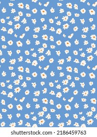 Abstract Small Daisy Flowers Hand Drawn Cute Ditsy Florals Seamless Pattern Trendy Fashion Colors Perfect for Allover Fabric Print or Wrapping Paper Sky Blue Background