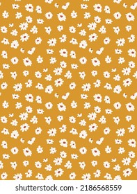 Abstract Small Daisy Flowers Hand Drawn Cute Ditsy Florals Seamless Pattern Trendy Fashion Colors Perfect for Allover Fabric Print or Wrapping Paper Mustard Yellow Background